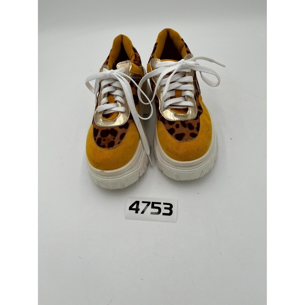 Bamboo Pops Sneakers Shoes‎ Women's 6.5 Yellow Leopard Print Low Top Lace Up